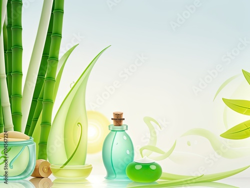Spa background banner with travel, cosmetics, and beauty care concepts with copy space featuring a green bamboo leaf on a white, translucent water wave in the sunlight