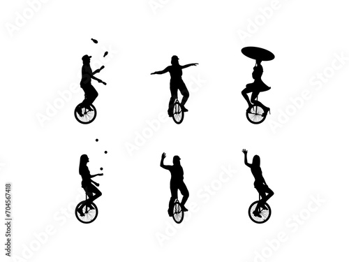 Set of Woman Riding Unicycle Silhouette in various poses isolated on white background