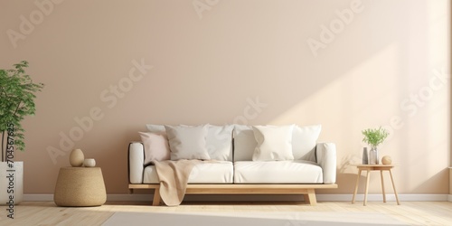 Scandinavian style  with light sofa  wooden floor  side table  and beige walls.