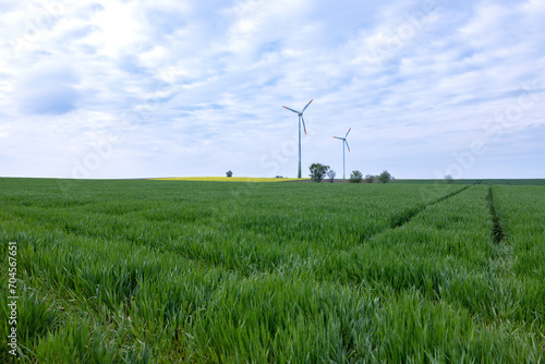 Wind generators in the distance on a green field against a cloudy sky. a field of sprouted barley and windmills in the distance