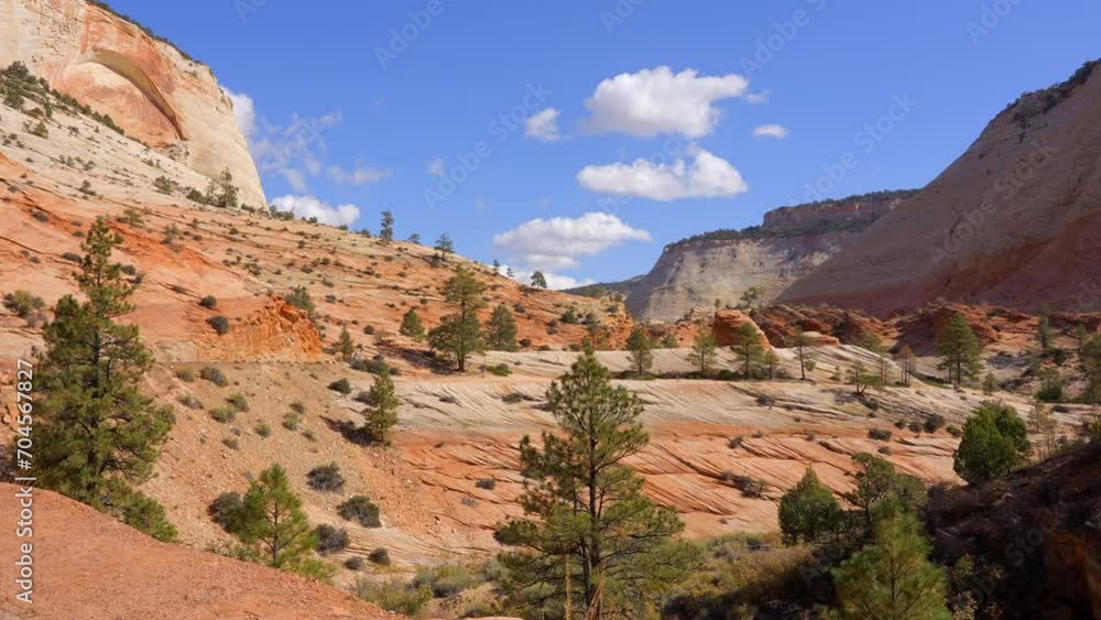 Establishing shot of mountains with red rocks in Zion Mount Carmel Highway, Zion National Park, Utah, North America. Day time. ProRes 422 HQ. Establishing shot of mountains with red rocks in Zion Mount Carmel Highway, Zion National Park, Utah, North America. Day time. ProRes 422 HQ.
