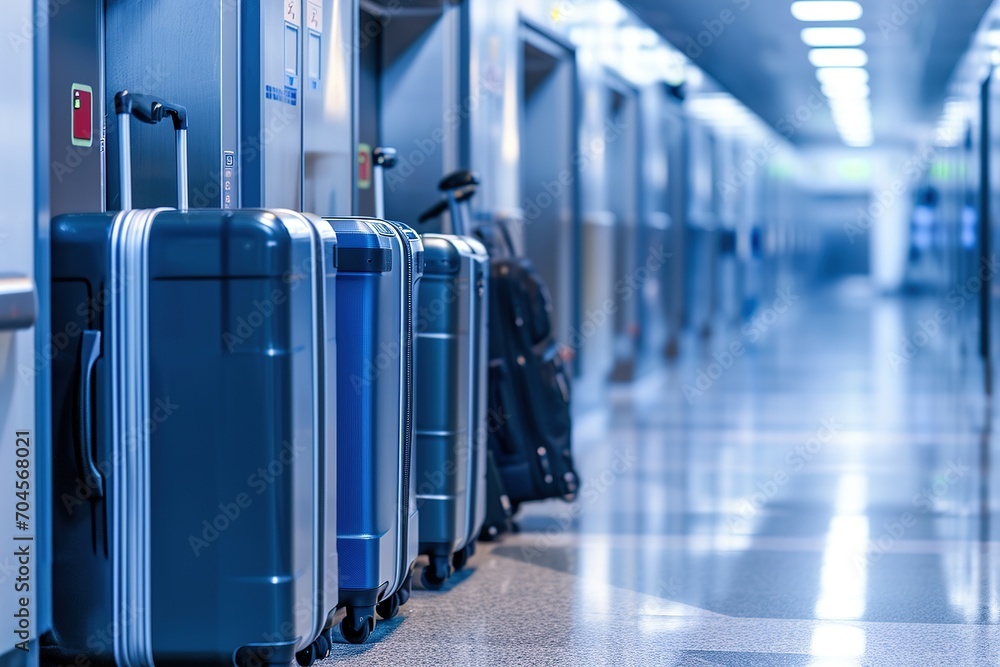 Suitcases on an airport security conveyor belt glide towards a scanner, a prelude to safe travels