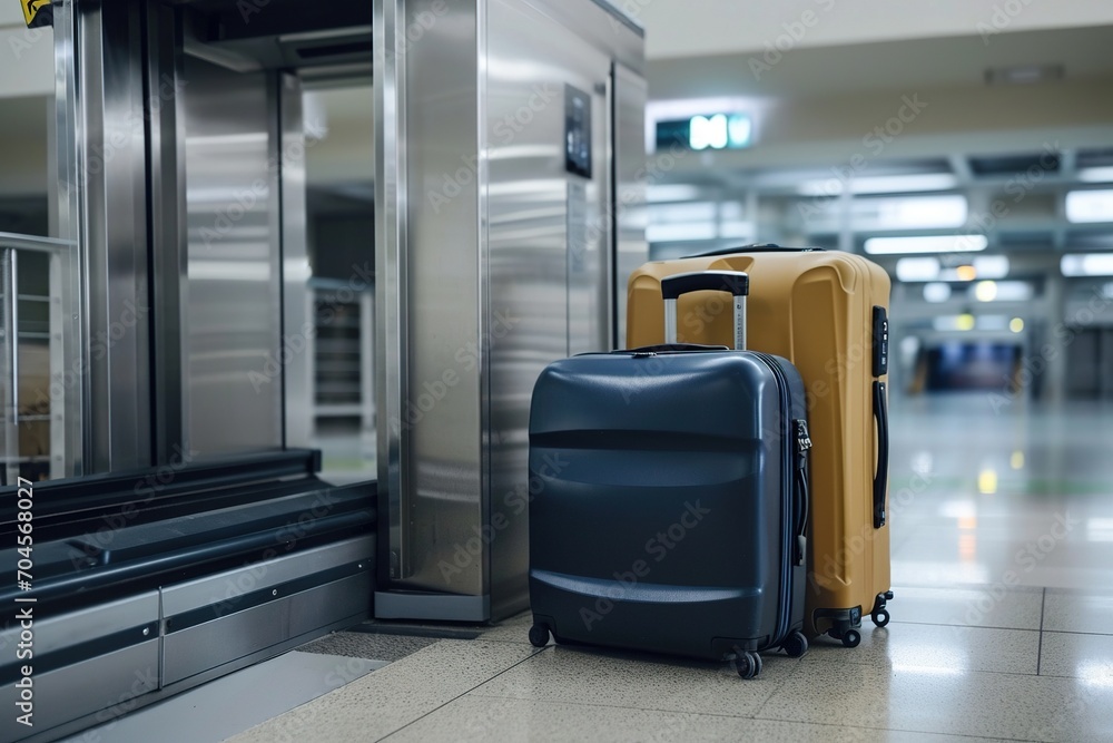 Suitcases on an airport security conveyor belt glide towards a scanner, a prelude to safe travels Suitcases on an airport security conveyor belt glide towards a scanner, a prelude to safe travels