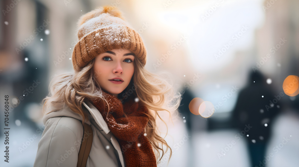 A beautiful young girl with blonde hair standing on a snowy city street in cold winter weather, and looking at the camera. Snow falling, idyllic scene, wearing a sweater, a jacket and a cap