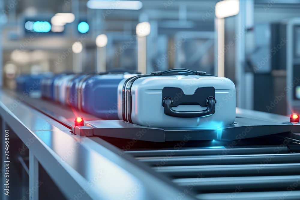 Suitcases on an airport security conveyor belt glide towards a scanner, a prelude to safe travels
