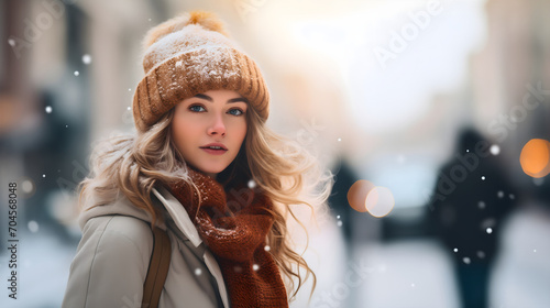 A beautiful young girl with blonde hair standing on a snowy city street in cold winter weather, and looking at the camera. Snow falling, idyllic scene, wearing a sweater, a jacket and a cap