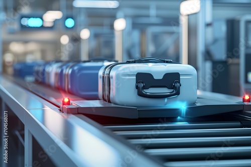Obraz na płótnie Suitcases on an airport security conveyor belt glide towards a scanner, a prelude to safe travels w salonie