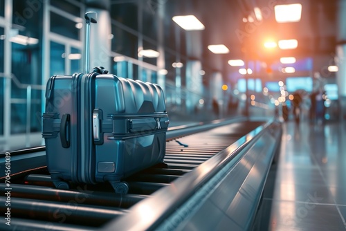 Suitcases on an airport security conveyor belt glide towards a scanner, a prelude to safe travels photo