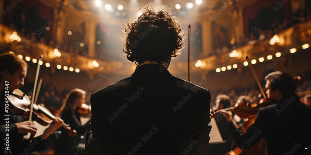 Symphonic performance with conductor and musicians playing string and brass instruments on traditional stage during musical event. - obrazy, fototapety, plakaty 