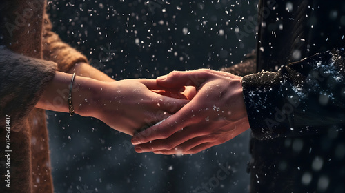 Man and woman holding each other's hands during the snowfall in the nighttime, wearing coats and jackets. Young couple in love relationship romantic scene, marriage proposal, dreamy honeymoon