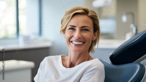 Cheerful woman sitting in dental clinic, smiling and looking at camera