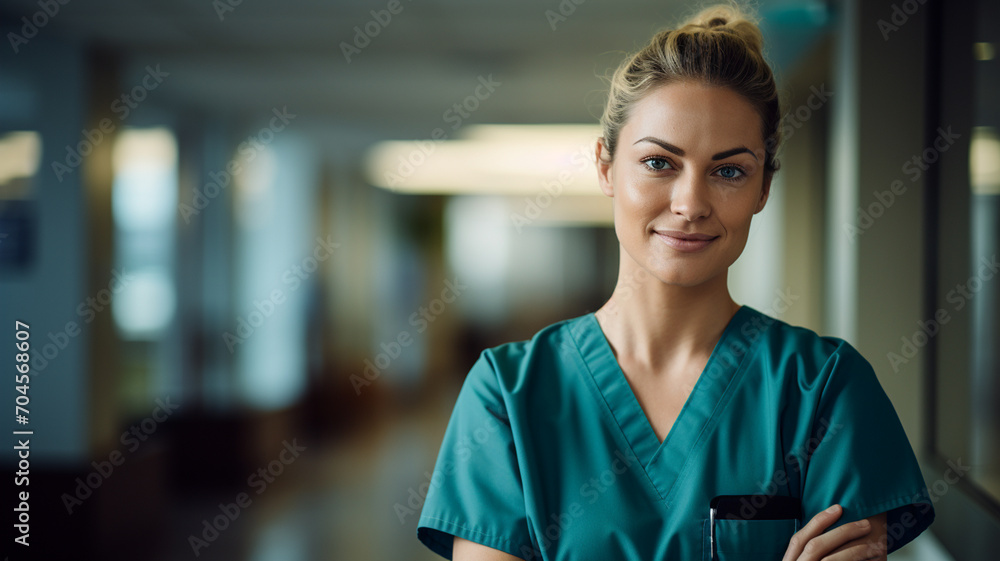 Naklejka premium Smiling young nurse in a hospital
