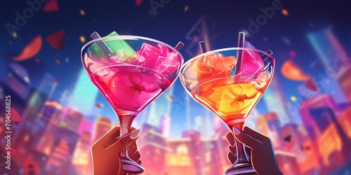 Two individuals toasting drinks in a bar or club, alcohol and beverages theme. photo