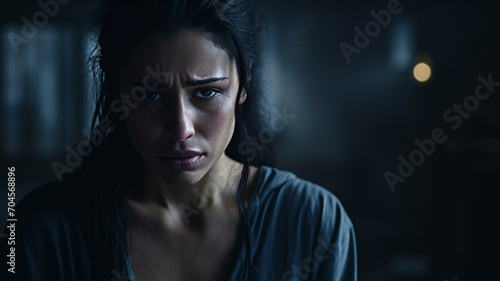 Detailed shot of a woman with wet hair  sad and scared.