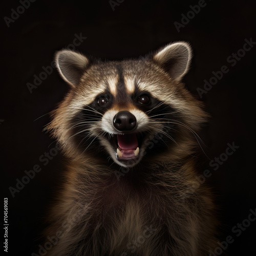 Happy Raccoon, Portrait of a Raccoon on a Black Background © Moon