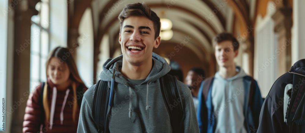 Joyful male college students strolling in the corridor. - obrazy, fototapety, plakaty 