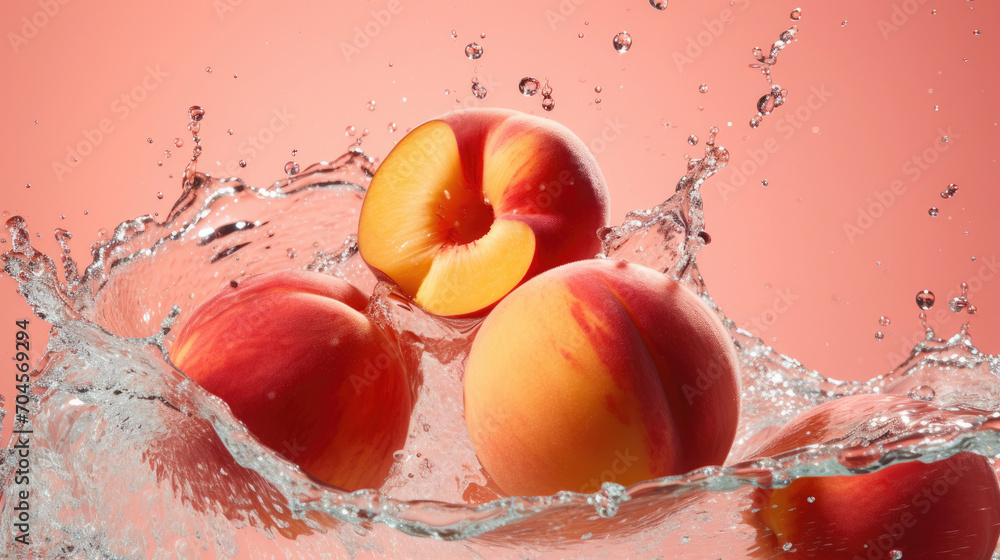 Smooth Fresh ripe organic Peach Fruits slices and falling into water and splashes Smooth Fresh ripe organic Peach Fruits slices and falling into water and splashes