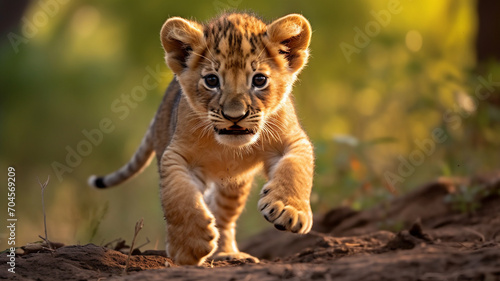 Playful lion cub hiding in grass
