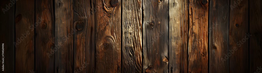 Fototapeta premium A rustic plank of weathered, brown wood reveals the beauty and history within its grain