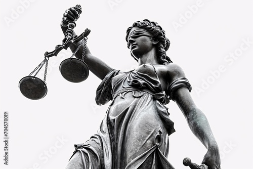 White isolated low angle view of Lady Justice statue representing fair treatment in legal system.