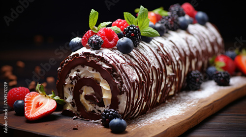 Chocolate Swiss roll with fruits