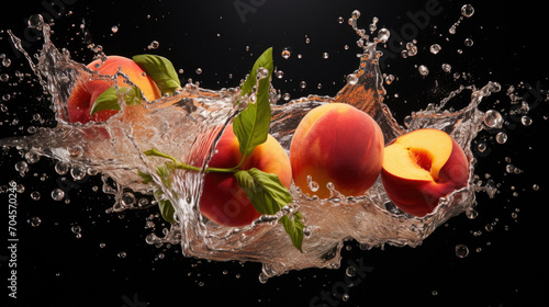 Smooth Fresh ripe organic pink Peach Fruits slices and falling into water and splashes created with Generative AI Technology