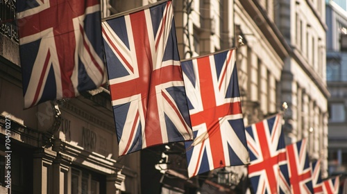 "Street adorned with Union Jack banners for upcoming national holiday festivities."
