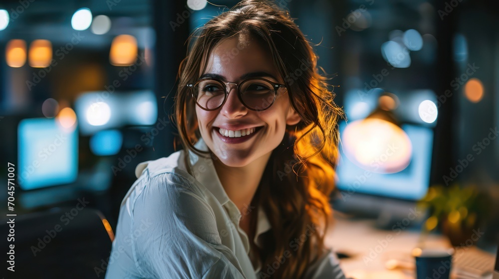 Smiling young woman working in the office at the computer, work from everywhere background concept Smiling young woman working in the office at the computer, work from everywhere background concept