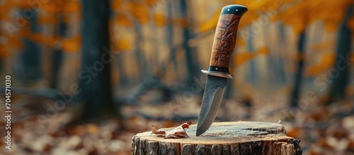 Elegantly designed hunting knife, nestled on a stump in a fall forest.