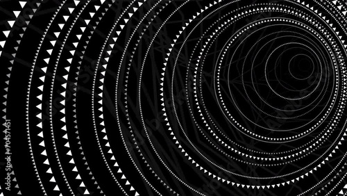 Animated Black and White Pattern with Circles. Spiral Round Tunnel. Geometric Abstract Rotating Texture in Perspective. Loop Seamless Stock Footage. 3D Graphic photo