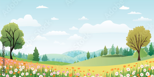Summer or spring landscape with beautiful flowers. Meadows and fields strewn with flowers against a backdrop of green trees, hills and beautiful clouds.