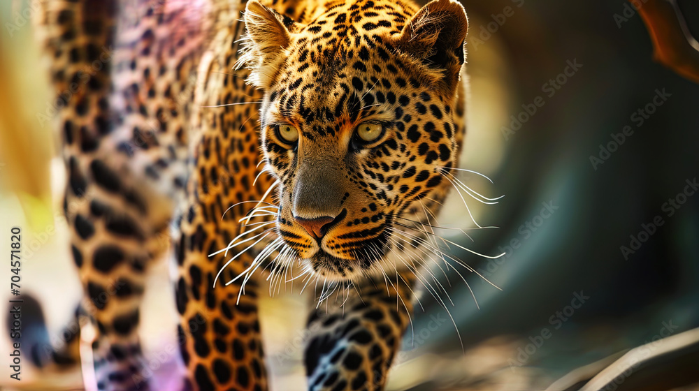 Fototapeta premium Photos of a leopard during hunting, with tense muscles and a concentrated look, conveys a moment o