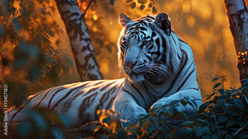 Photos of the white tiger, illuminated by the rays of sunset, gives it the mystery and aura of mag © JVLMediaUHD