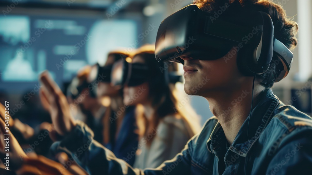 student in class wearing virtual reality glasses and using a VR headset, illustrating the concept of future technology and virtual reality. student in class wearing virtual reality glasses and using a VR headset, illustrating the concept of future technology and virtual reality.