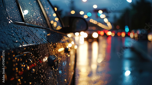 The moment of the night trip on the freeway, where the car is covered with a brilliance of rain dr