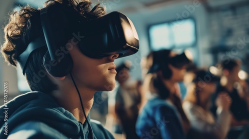A student in class wearing virtual reality glasses and using a VR headset, illustrating the concept of future technology and virtual reality.