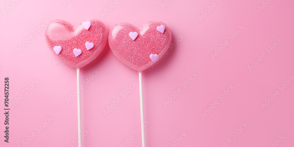 Heart shaped lollipop on pink background, Two Pink Valentine's day heart shape lollipop candy on empty pastel pink paper background. Love Concept. top view. Minimalism colorful hipster style.
