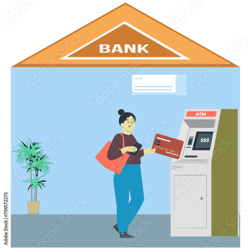 Beautiful girl using a ATM card in the ATM  machine of bank. Vector illustration. 