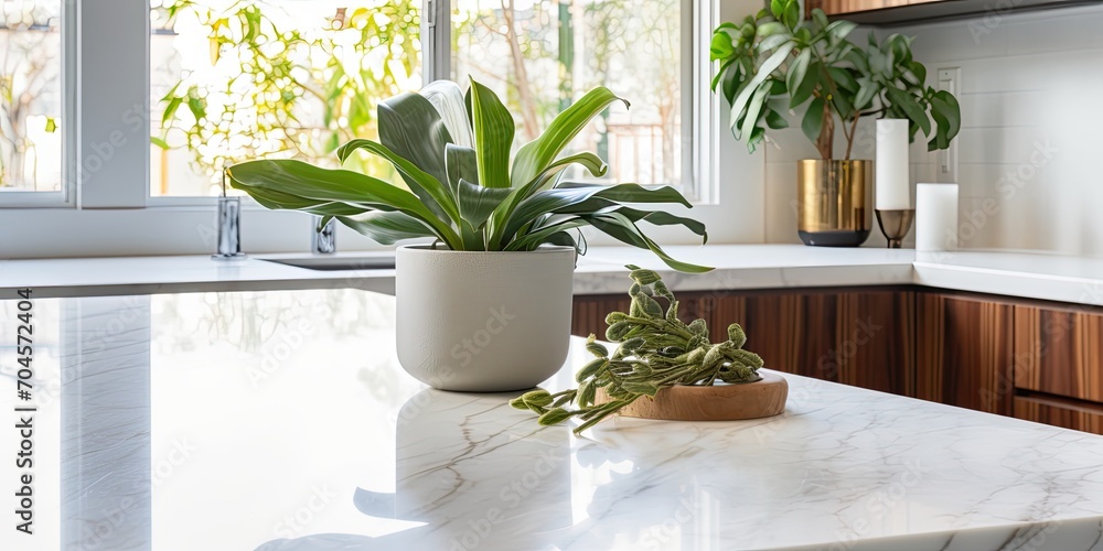 Custom designed kitchen with marble-like quartz countertop, adorned with a marble cheese board and indoor planter. Custom designed kitchen with marble-like quartz countertop, adorned with a marble cheese board and indoor planter.