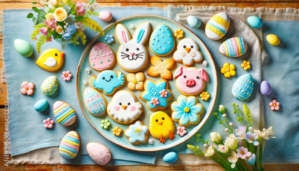 Handmade colorful easter cookies on table, top view.