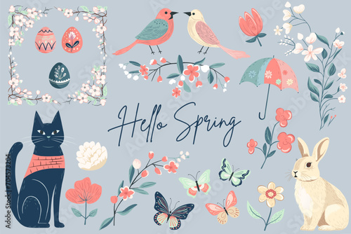 Spring collection. Hand drawn spring elements flowers, cat, bird, bunny. Vector illustration. Trendy spring design
