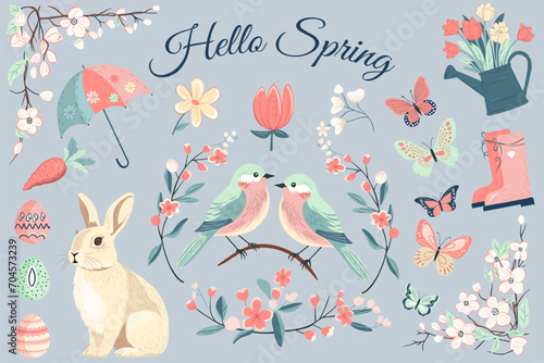 Spring collection. Hand drawn spring elements flowers, bird, bunny. Vector illustration. Trendy spring design