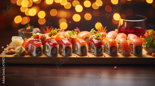 A beautifully arranged sushi platter bookend lights