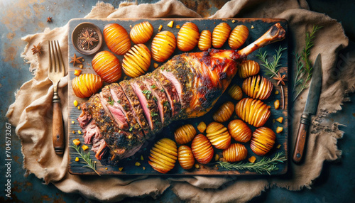 Easter leg of lamb with roasted potatoes and rosemary on wooden board. photo