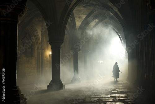 Ethereal Renaissance Hall with Flickering Gothic Lights and Swirling Mystical Smoke