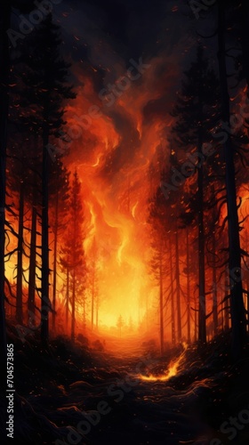 A painting of a fire burning in a forest