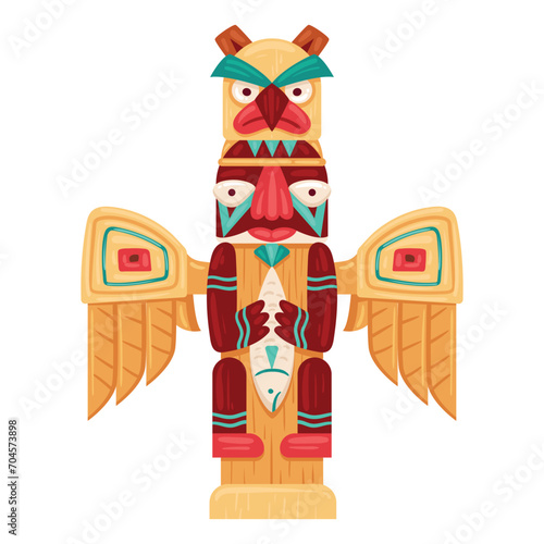 Aboriginal tiki totem. Cartoon wooden pole totem idol, ethnic hawaiian or african culture totem, ritual idol statue flat vector illustration. Indigenous idol winged sculpture