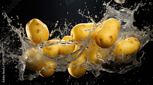 Smooth Fresh organic raw Potato Vegetables falling into water and splashes created with Generative AI Technology