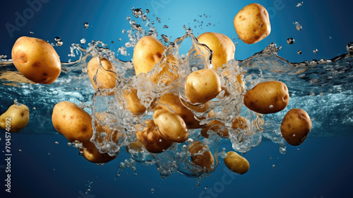 Smooth Fresh organic raw Potato Vegetables falling into water and splashes created with Generative AI Technology