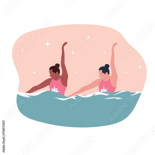 Synchronized swimming vector illustration. Women synchro swimmers work as a team in swimming pool. Water sport concept. Cartoon design for poster, icon, card, logo, label, banner or sticker.